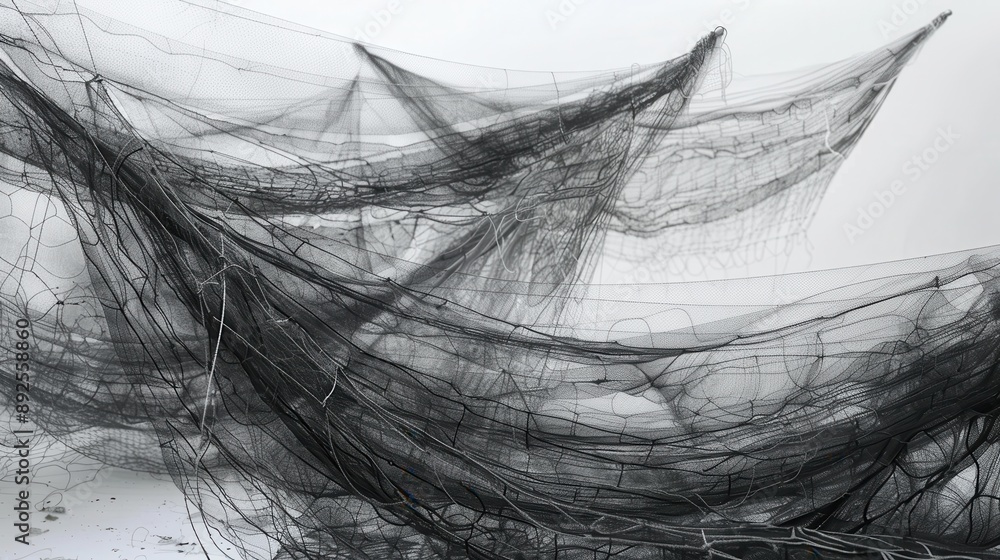 An intricate display of dark fishing nets, showcasing texture and depth against a clean, light background. An intricate display of dark fishing nets, showcasing texture and depth against a clean, light background.