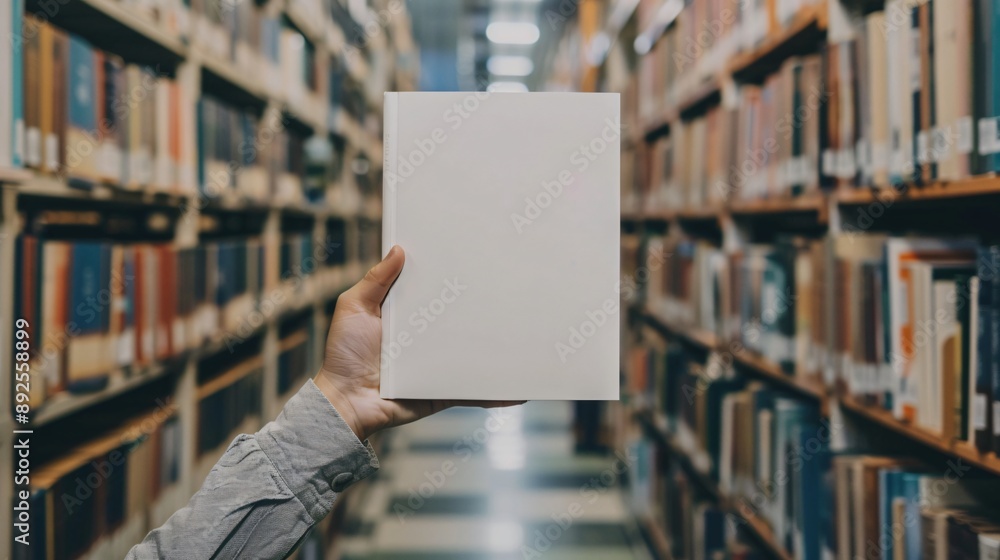 Close up blank book cover mockup being held by a person in a library
Close up blank book cover mockup being held by a person in a library