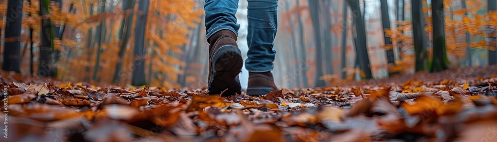 Person walking through a forest with leaves crunching underfoot, showcasing the rhythmic sounds of nature Person walking through a forest with leaves crunching underfoot, showcasing the rhythmic sounds of nature
