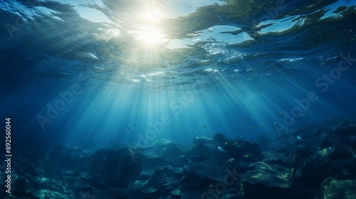 Wallpaper Mural Ocean surface seen from underwater, deep blue tones and sun rays Torontodigital.ca