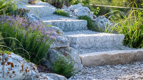 Stone stairs connecting garden paths on a sunny day, low ground cover photo