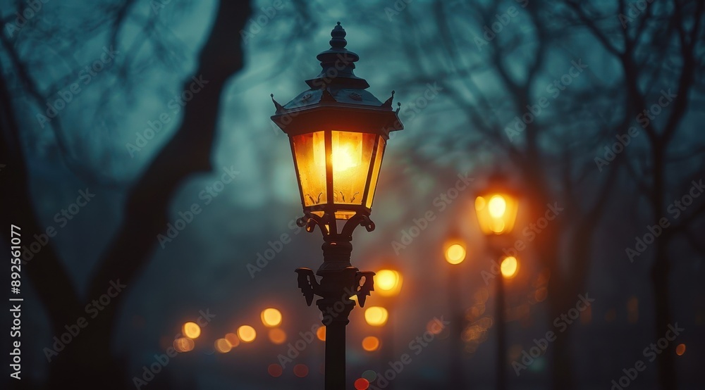Street lamp with light glowing in the night. Victorian street lights on foggy background. Evening cityscape. Vintage lanterns with warm glow Street lamp with light glowing in the night. Victorian street lights on foggy background. Evening cityscape. Vintage lanterns with warm glow