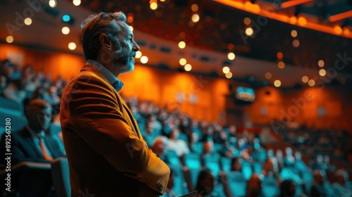 A man stands in a large auditorium, looking out at an audience.  He is a speaker at a conference.
