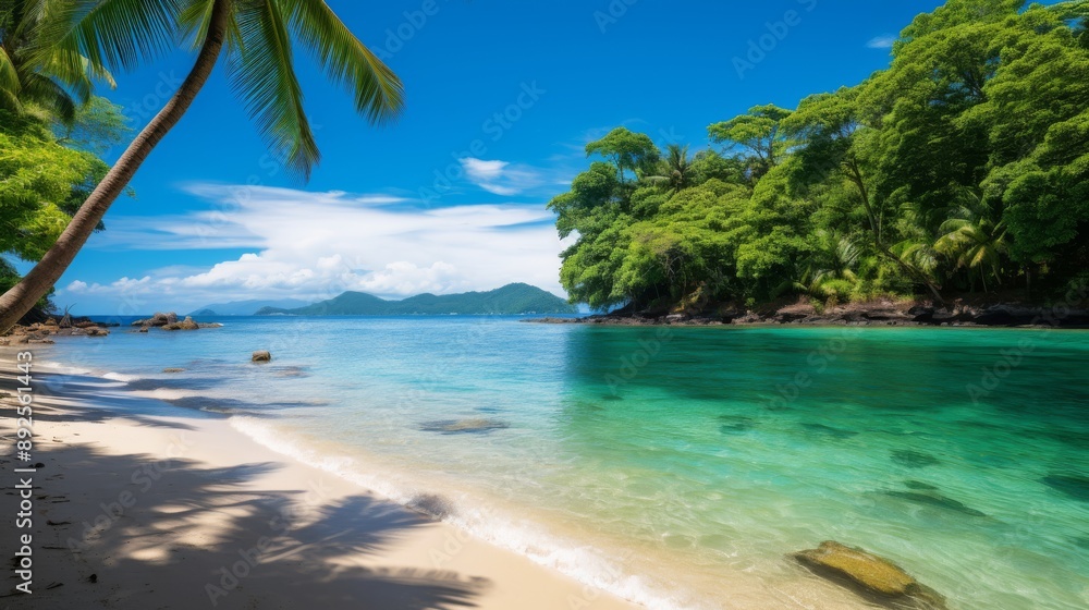 Fototapeta premium Pristine tropical beach with lush vegetation and crystal-clear ocean, island visible