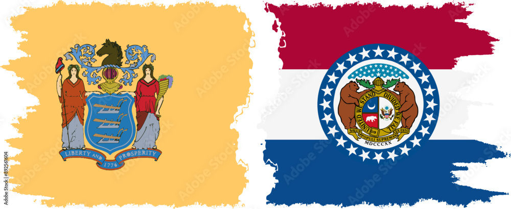 Missouri and New Jersey states grunge brush flags connection, vector Missouri and New Jersey states grunge brush flags connection, vector
