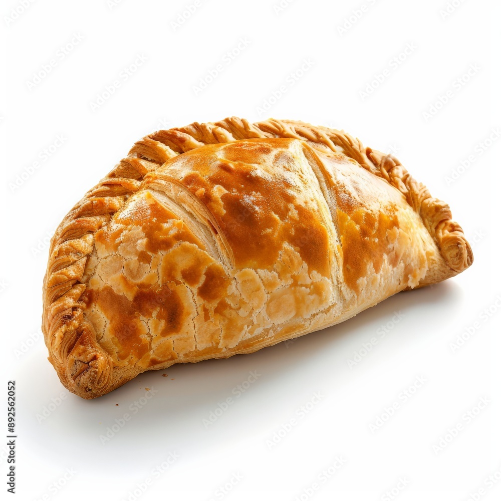 A freshly baked Cornish pasty sits on a white background A freshly baked Cornish pasty sits on a white background