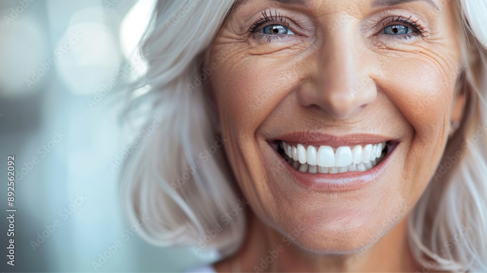 Radiant senior woman with bright smile close up background is clear and clean