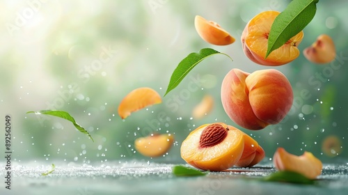 Dynamic image of a peach fruit and its half slice, with green leaves flying in the air against a clean background