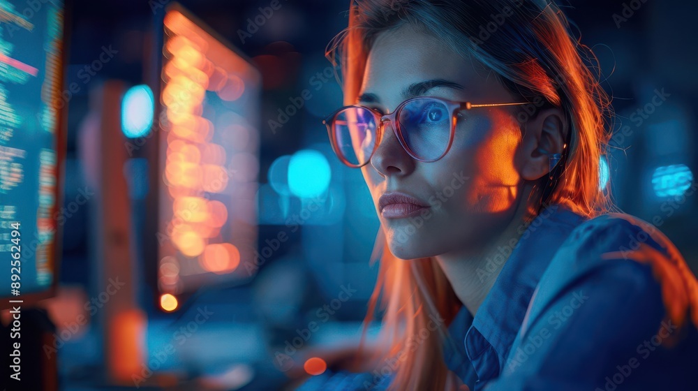 A young woman wearing glasses looks intently at a computer screen in a dimly lit room. The glow of the monitor illuminates her face. A young woman wearing glasses looks intently at a computer screen in a dimly lit room. The glow of the monitor illuminates her face.