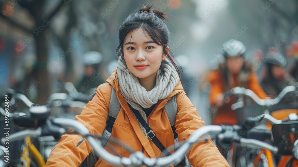 Obraz premium Young Woman Biking in Urban Setting; young woman