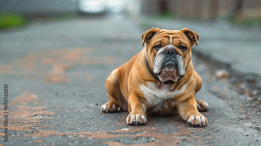 Fototapeta premium A stubborn bulldog refusing to walk, sitting stubbornly on a sidewalk during a walk