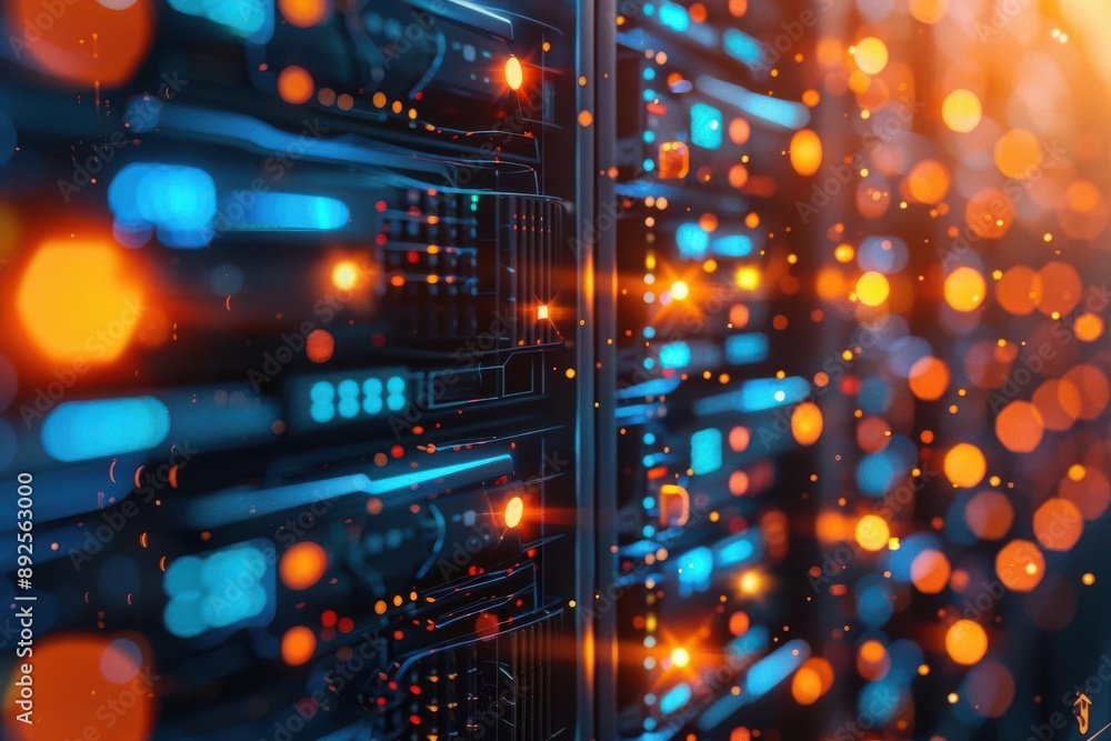 Abstract image of a server rack with glowing lights and data streams. Abstract image of a server rack with glowing lights and data streams.