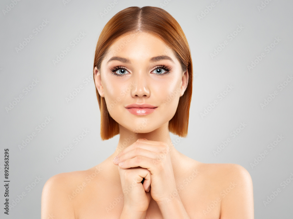 Beauty Face care. Red Hair Girl with Full Lips and smooth Makeup. Women Facial Dermal Filler Cosmetology and Health Skin Aesthetic Care. Beautiful model over isolated background Beauty Face care. Red Hair Girl with Full Lips and smooth Makeup. Women Facial Dermal Filler Cosmetology and Health Skin Aesthetic Care. Beautiful model over isolated background