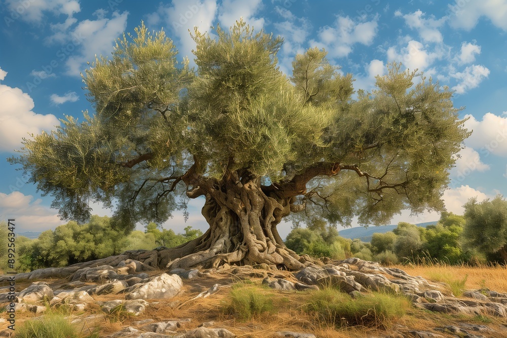 A large, ancient olive tree in the surrounded by rocks and shrubs. A large, ancient olive tree in the surrounded by rocks and shrubs.