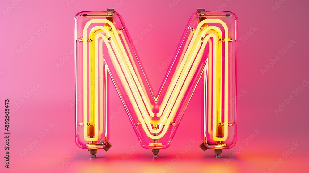 Bright Neon Font with fluorescent yellow tubes letter M night show alphabet on pink background Bright Neon Font with fluorescent yellow tubes letter M night show alphabet on pink background