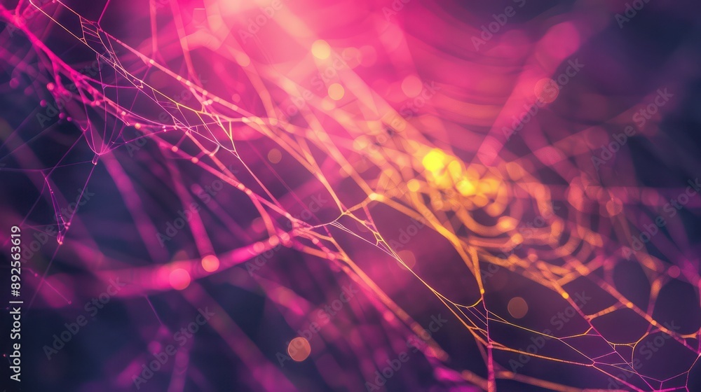 Radiant web of soft pink and bright yellow threads against a dark background, offering a playful and inviting space for text Radiant web of soft pink and bright yellow threads against a dark background, offering a playful and inviting space for text