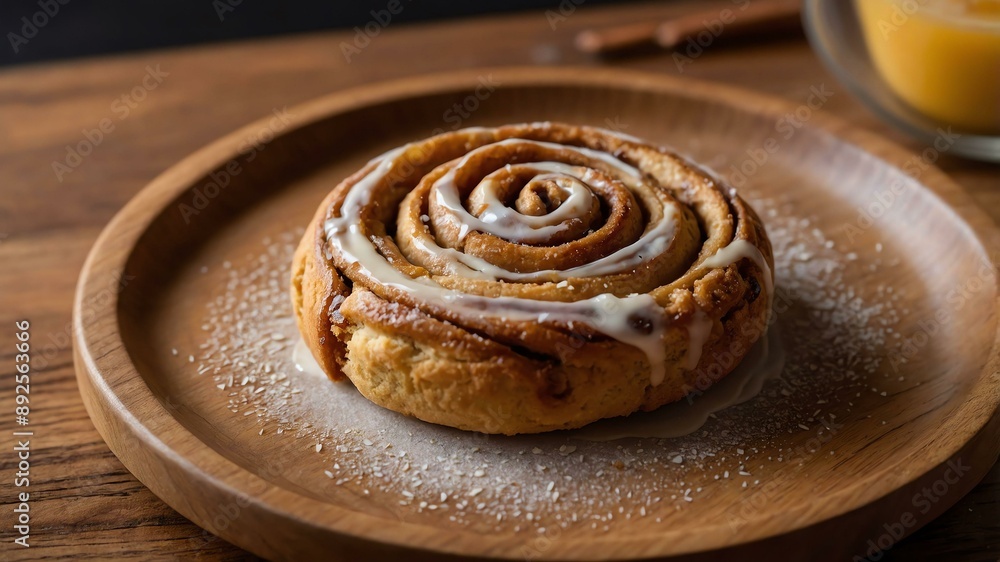 Fototapeta premium cinnamon roll cookie served aesthetically in a wooden plate and table