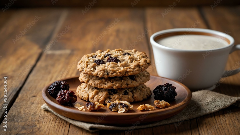 oatmeal raisin cookie served aesthetically in a wooden plate and table oatmeal raisin cookie served aesthetically in a wooden plate and table