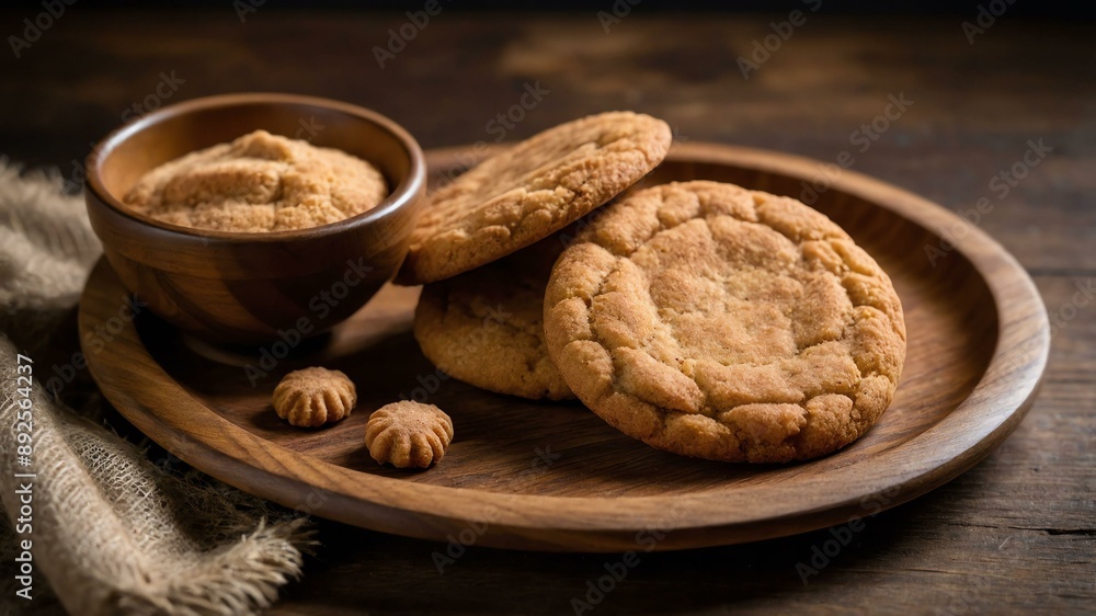 snickerdoodle cookie served aesthetically in a wooden plate and table snickerdoodle cookie served aesthetically in a wooden plate and table