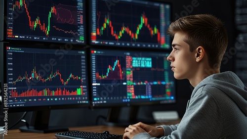 Trader analyst looking at computer monitor, investor broker analyzing indexes, financial chart trading online investment data on cryptocurrency stock market graph on pc screen.