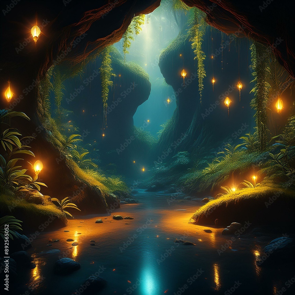 Obraz premium Lush cave with fireflies