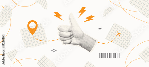 Modern collage with halftone hand thumbs up. Yellow location pin, with a route drawn in dashed yellow lines from the pin to destination marked with an X. Vector illustration