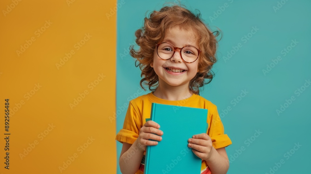 Cute curly boy in glasses holding textbooks on a color background. The concept of school and learning Cute curly boy in glasses holding textbooks on a color background. The concept of school and learning