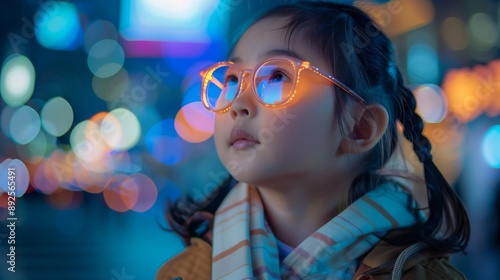 "Child with Light-Up Glasses in Vibrant City Bokeh" child