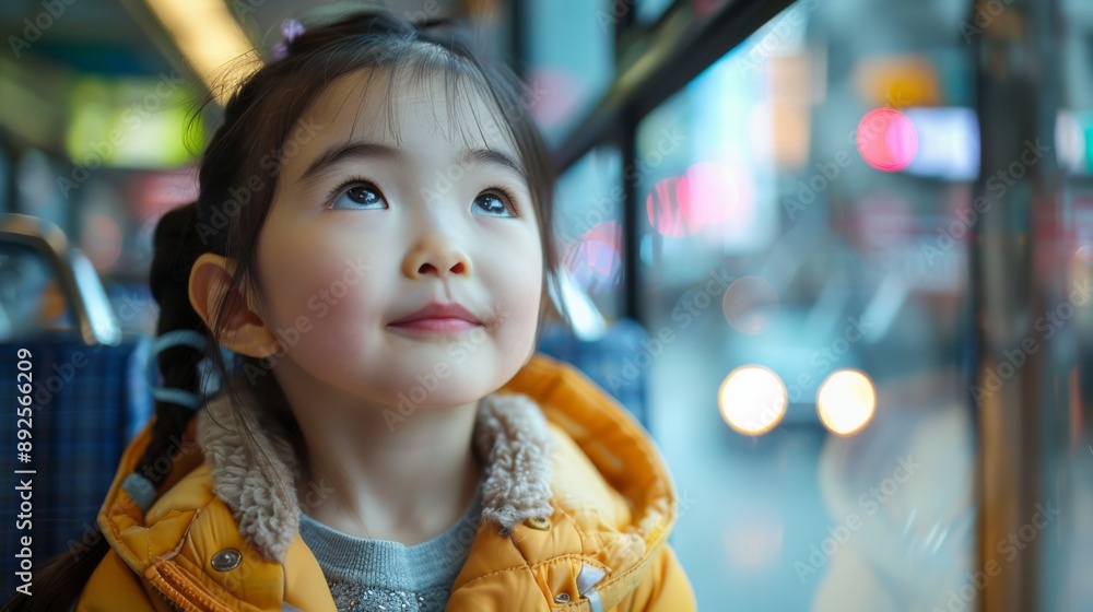 Fototapeta premium Editorialized title: Cute Little Girl on a Bus Looking UpwardsKeywords: girl