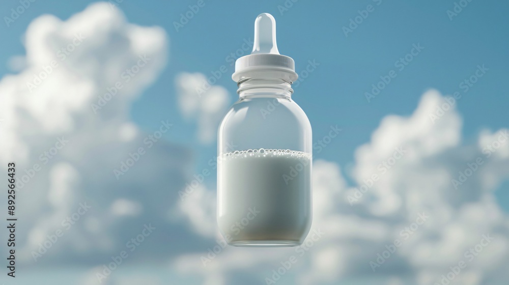 Floating Baby Milk Bottle in Dreamy Sky Concept of Lightness and Purity for Baby Care Promotions Floating Baby Milk Bottle in Dreamy Sky Concept of Lightness and Purity for Baby Care Promotions