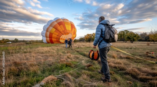 This image depicts the preparation of a hot air balloon for launch in a grassy field, with a person walking towards it, highlighting the meticulous setup process and anticipation.