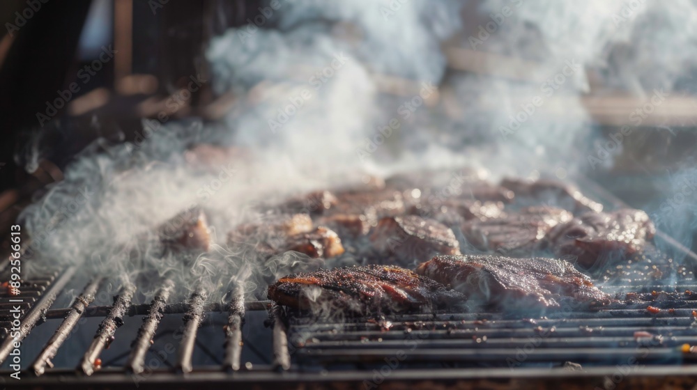 A thick plume of white smoke rising from a barbecue grill, with grilled meat visible in the background A thick plume of white smoke rising from a barbecue grill, with grilled meat visible in the background
