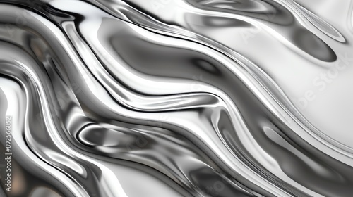 Abstract liquid metal texture with smooth flowing patterns and reflective shiny surface in a monochrome color scheme.