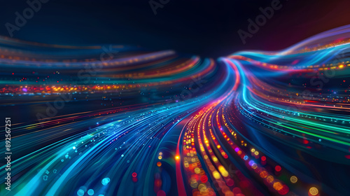A stunning digital artwork depicting a futuristic data stream with dynamic glowing light trails in vibrant blue green and red hues flowing towards the horizon against a dark high tech backdrop