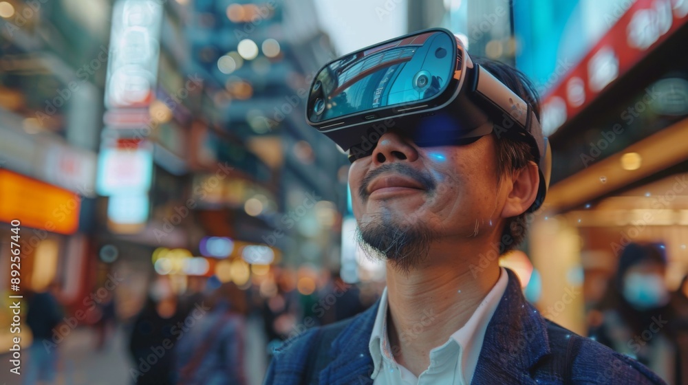 Man Using VR Headset in Busy Urban Street Man Using VR Headset in Busy Urban Street