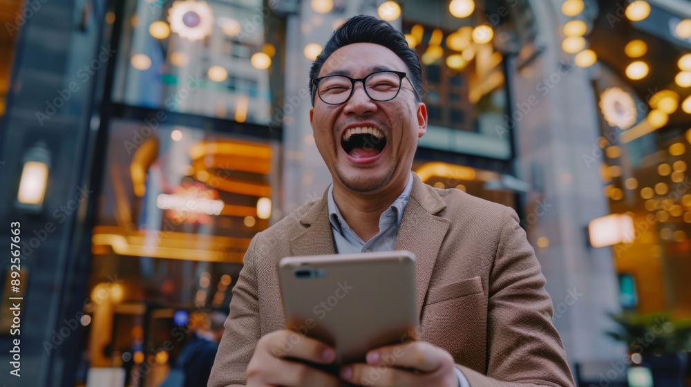 Fototapeta premium Man Laughing While Holding Smartphone