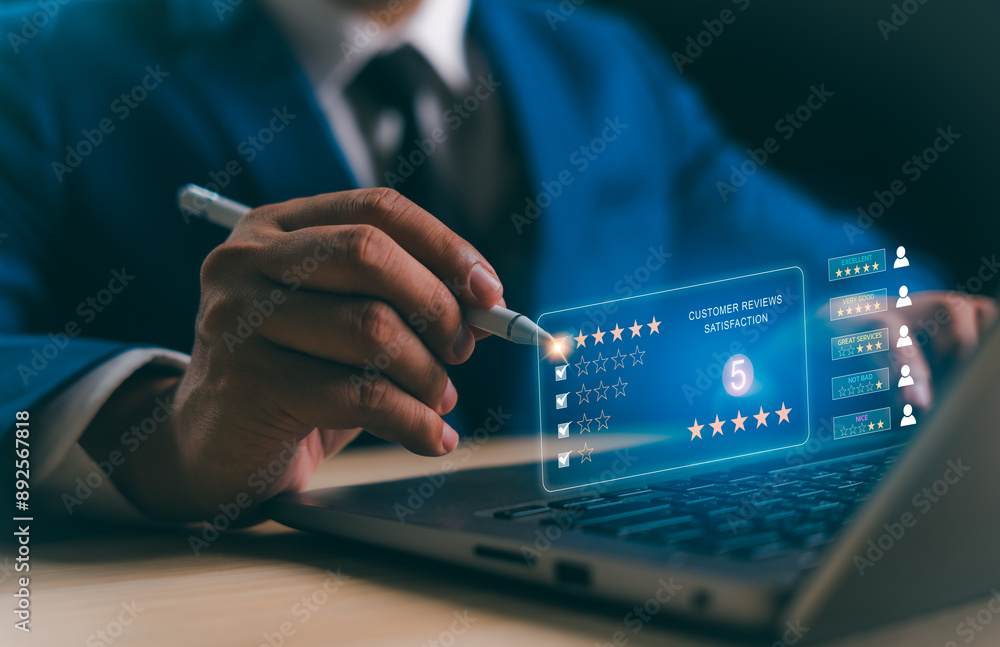 User give rating to service experience on online application, Evaluate quality of service leading to reputation ranking of business. Customer review satisfaction feedback survey concepts. User give rating to service experience on online application, Evaluate quality of service leading to reputation ranking of business. Customer review satisfaction feedback survey concepts.