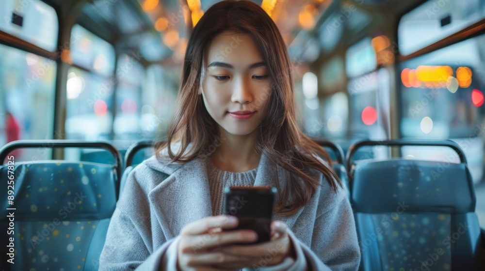 Woman Using Smartphone on Bus Woman Using Smartphone on Bus