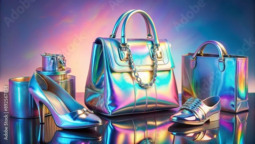 A fashion accessory collection featuring holographic handbags, shoes, and jewelry, arranged on a reflective surface under studio lights. photo