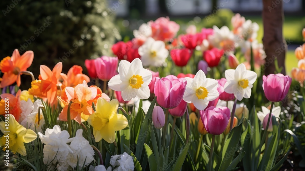 Spring garden with blooming tulips and daffodils, vibrant colors, fresh feel Spring garden with blooming tulips and daffodils, vibrant colors, fresh feel