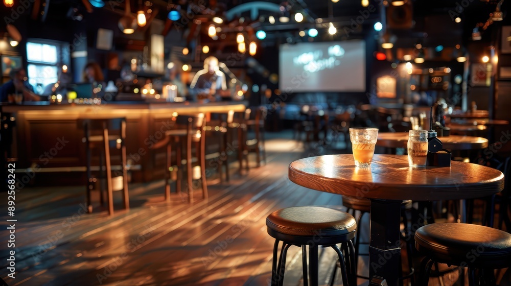 A sleek, modern bar with a wooden table and a single drink, featuring scattered bar stools and soft, ambient lighting, creating a relaxed nightlife atmosphere. A sleek, modern bar with a wooden table and a single drink, featuring scattered bar stools and soft, ambient lighting, creating a relaxed nightlife atmosphere.