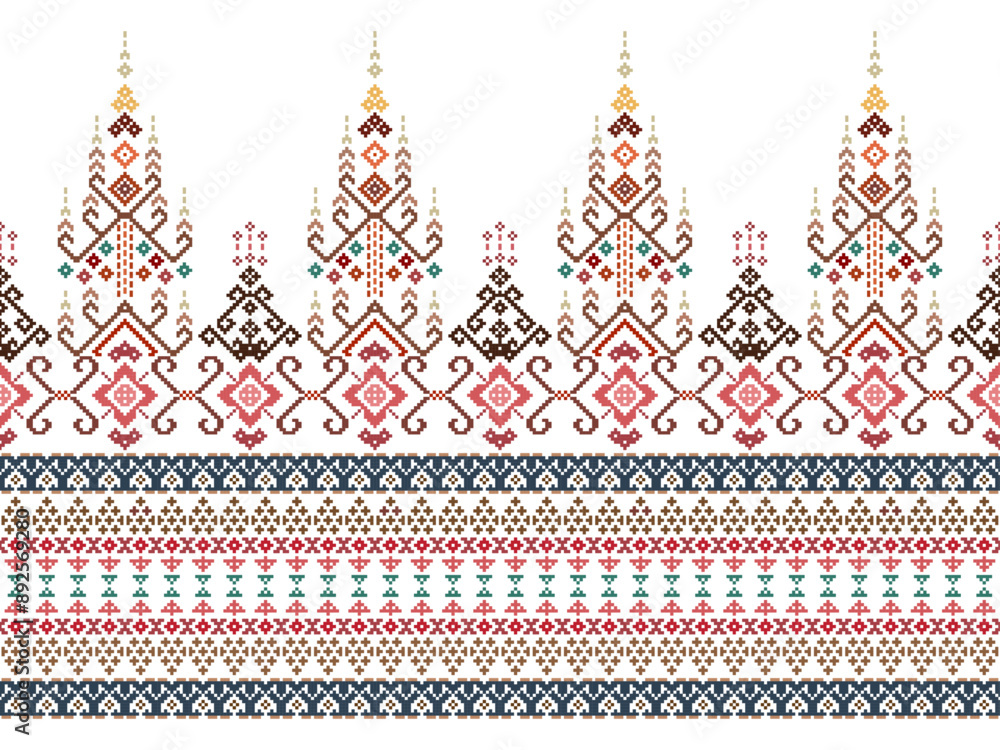 Cross Stitch. Geometric ethnic patterns. Design for Clothing, Fabric, batik, Saree, Patola, Sari, Dupatta, Vyshyvanka, rushnyk, dupatta, Knitwear, Embroidery, Ikkat, Pixel pattern. Traditional Design. Cross Stitch. Geometric ethnic patterns. Design for Clothing, Fabric, batik, Saree, Patola, Sari, Dupatta, Vyshyvanka, rushnyk, dupatta, Knitwear, Embroidery, Ikkat, Pixel pattern. Traditional Design.