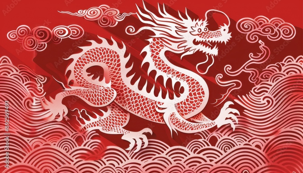 White Paper Cut Dragon Over Red Swirling Clouds White Paper Cut Dragon Over Red Swirling Clouds