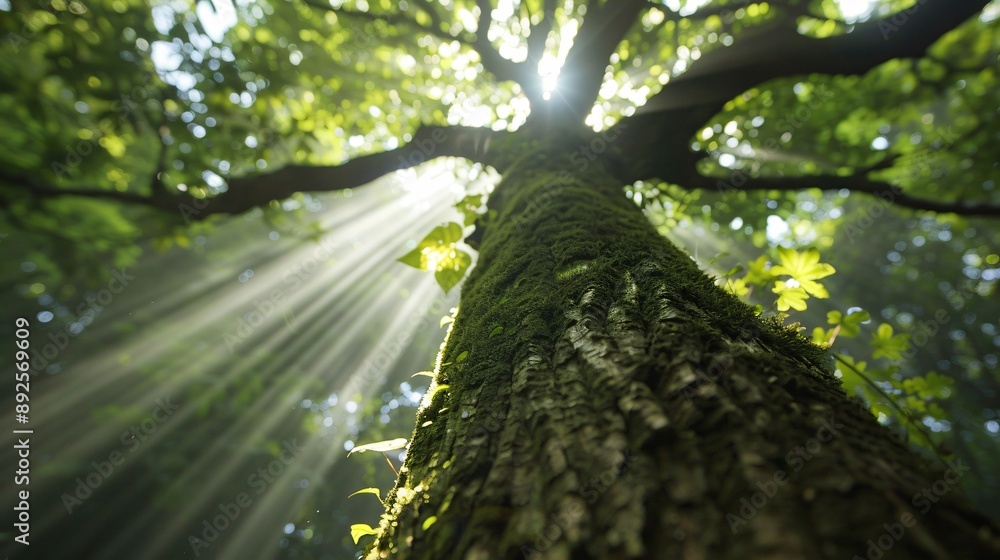 Fototapeta premium Enchanted Forest Canopy Lush Greenery with Sunrays Peeking Through, Creating Serene Atmosphere of Magic and Tranquility