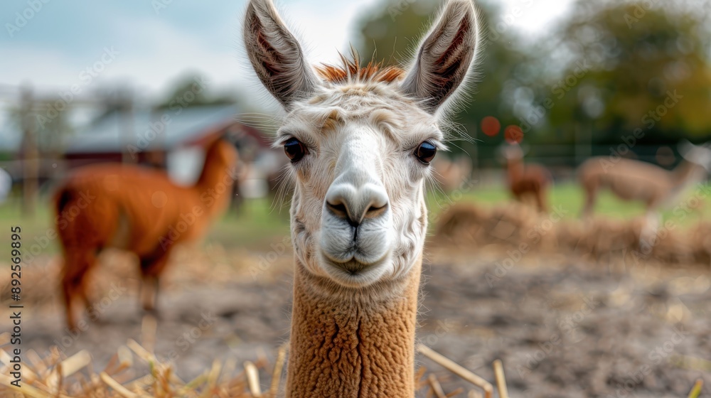 Obraz premium A close-up of a llama gazing at the camera, surrounded by a field and other llamas in the background, showcasing natural beauty and a moment of connection in a tranquil setting.