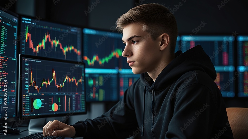 Trader analyst looking at computer monitor, investor broker analyzing indexes, financial chart trading online investment data on cryptocurrency stock market graph on pc screen. Trader analyst looking at computer monitor, investor broker analyzing indexes, financial chart trading online investment data on cryptocurrency stock market graph on pc screen.