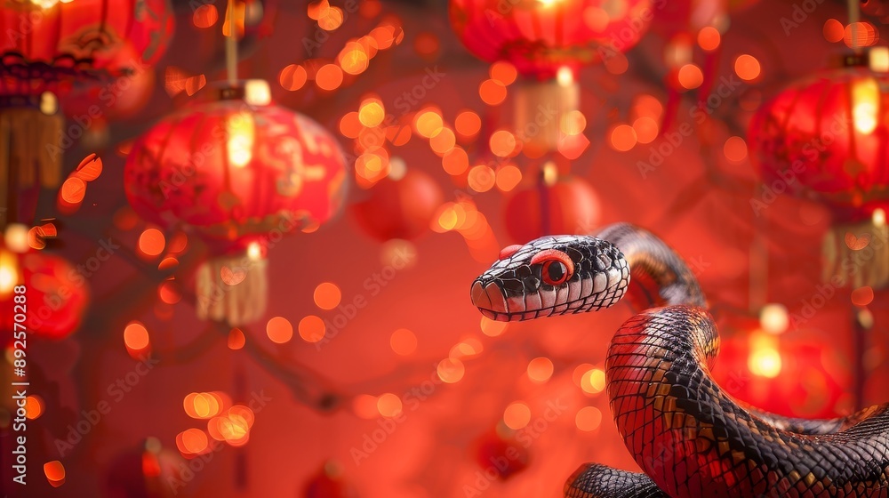 Chinese New Year Snake Symbolism and Red Lanterns - A black snake with red eyes, a symbol of good luck, wisdom, and prosperity, is nestled amongst red Chinese lanterns. The lanterns represent joy, cel Chinese New Year Snake Symbolism and Red Lanterns - A black snake with red eyes, a symbol of good luck, wisdom, and prosperity, is nestled amongst red Chinese lanterns. The lanterns represent joy, cel