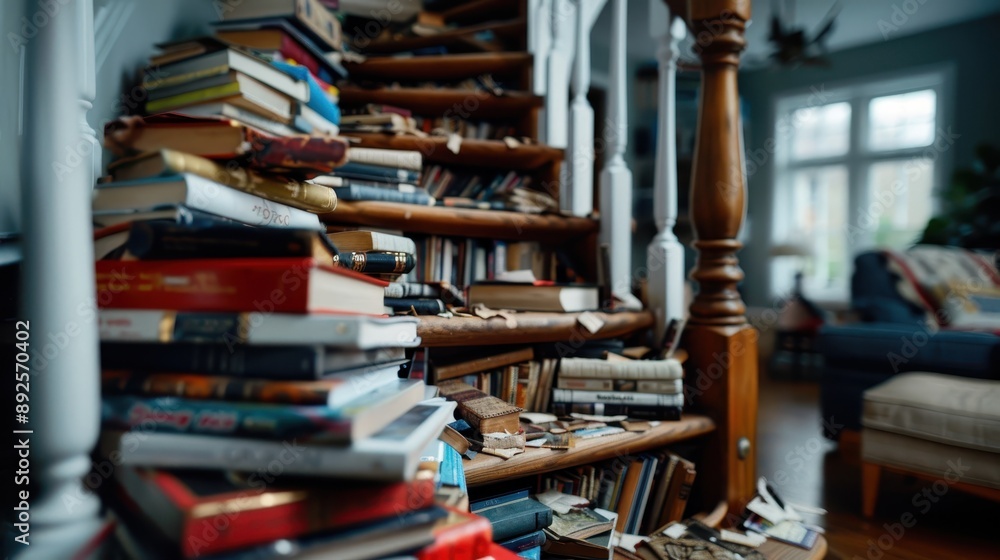 A cozy home library features a wooden staircase cluttered with a variety of books, enhancing the homely atmosphere and inviting readers to explore and enjoy literature. A cozy home library features a wooden staircase cluttered with a variety of books, enhancing the homely atmosphere and inviting readers to explore and enjoy literature.