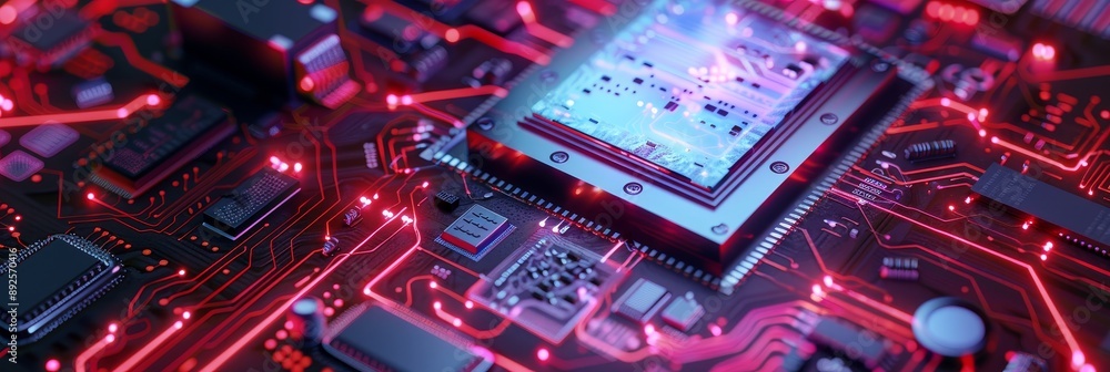 Close-up of a Computer Chip on a Motherboard with Red Glowing Circuits - A close-up view of a computer chip on a motherboard, with red glowing circuits surrounding it, symbolizing the power, speed, an Close-up of a Computer Chip on a Motherboard with Red Glowing Circuits - A close-up view of a computer chip on a motherboard, with red glowing circuits surrounding it, symbolizing the power, speed, an