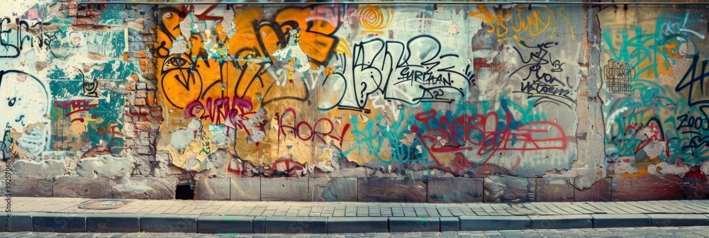 Fototapeta premium Colorful Graffiti Wall Urban Art Background - A colorful graffiti wall with vibrant colors and abstract designs. It represents urban culture, creativity, self-expression, street art, and freedom.